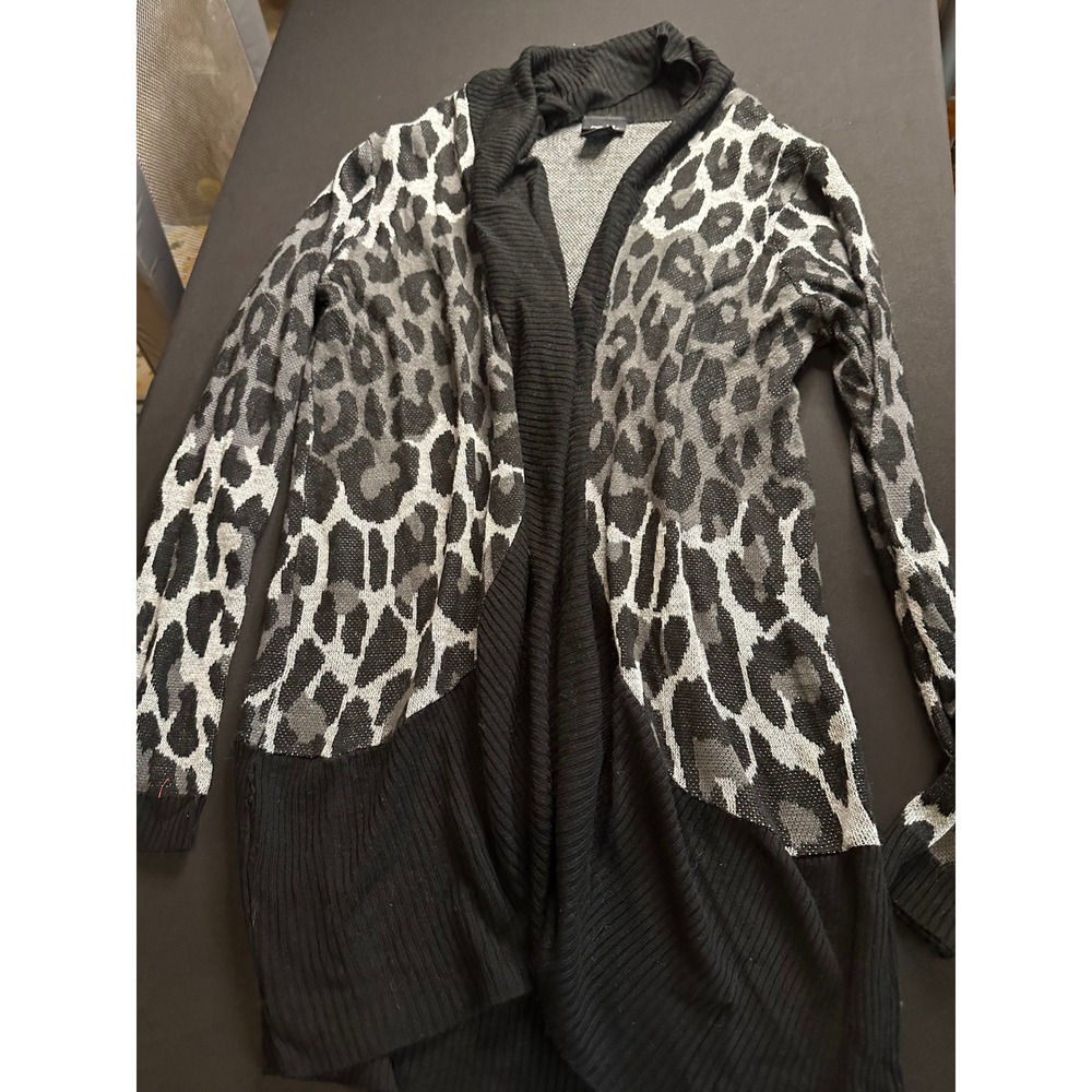 Rue21 Womens Gray Black Leopard Print Open Front Cardigan Ribbed Trim Medium